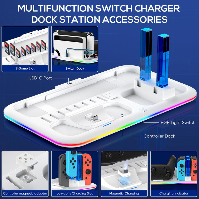 RGB Switch Controller Charger Dock Station for Nintendo Switch & OLED Model Joycon, Charging Docking Station Stand for 4 Joy Cons and Switch Pro Controller with LED Charging Indicator & 8 Game Slots