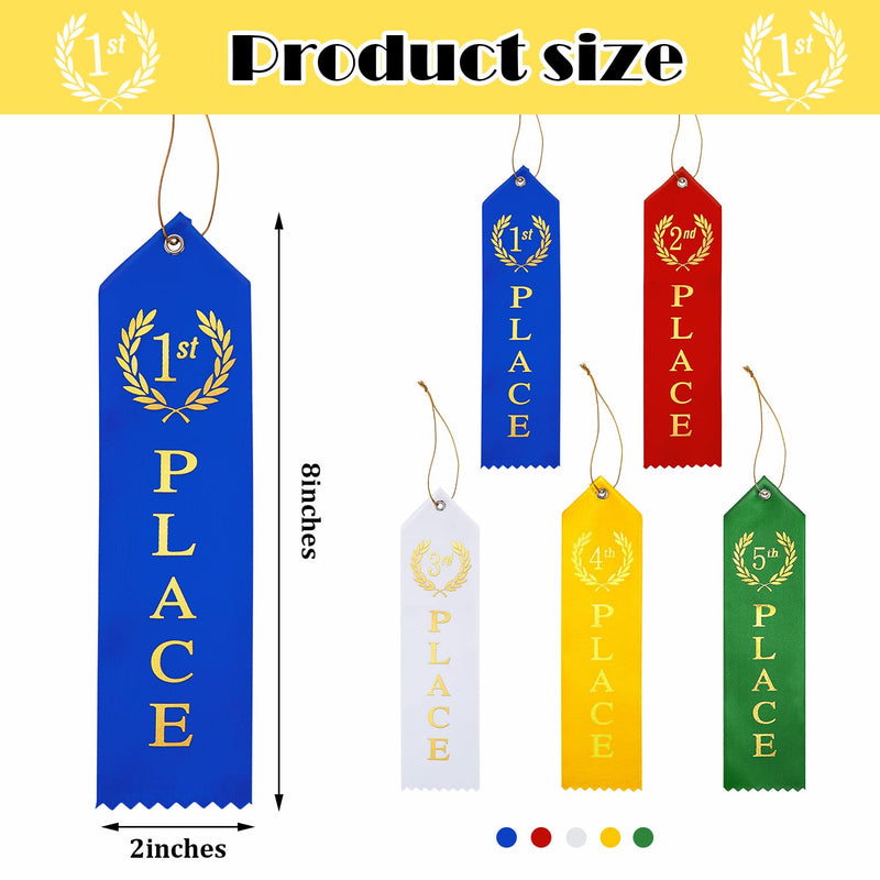 75 Pcs Award Ribbons 1st, 2nd, 3rd, 4th, 5th Place Flat Carded Set Prize Ribbon Contest Award Ribbons with Event Card and Rope for Competition, Sports Event, School, Contests