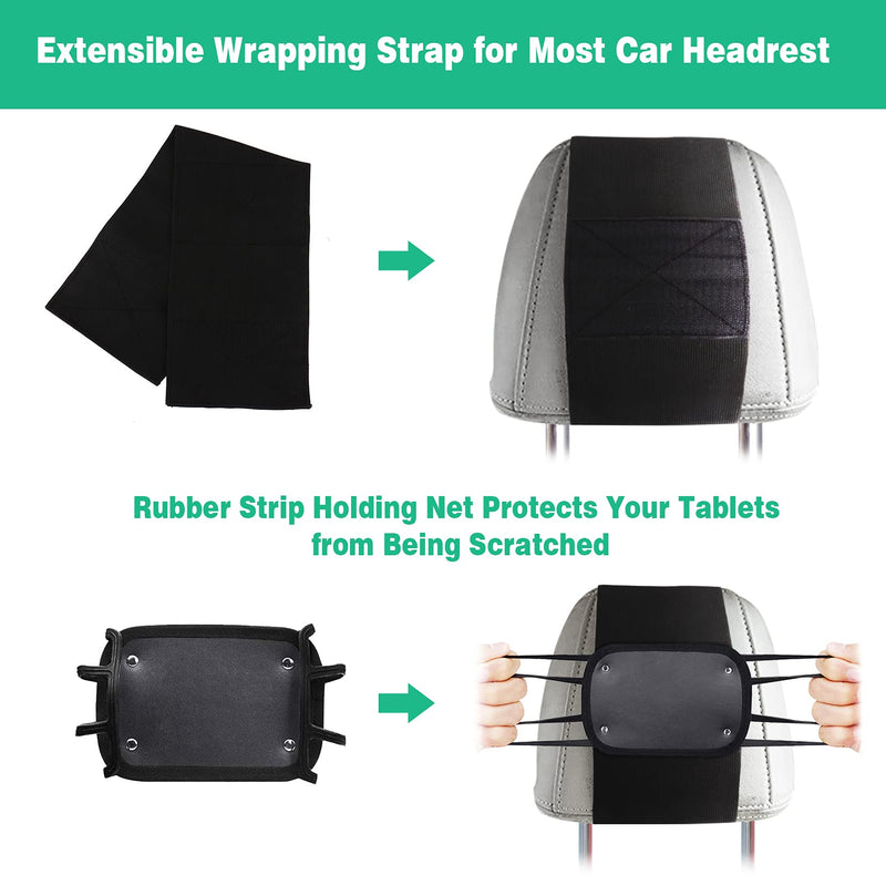 Car Headrest Mount Holder for Tablets, WONNIE Tablet Mount for Car Back Seat, Tablet Car Holder for Kids with Anti-Slip Strap & Silicone Holding Net/Fits All 7-10.5" Tablets 1 Pack