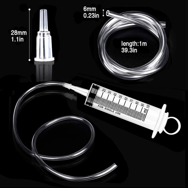 Pack of 2 syringes 100 ml plastic syringe with hose dosing syringe with adapter syringe for motor oil, garden, liquid, animal feeding (2 pieces 100 ml)