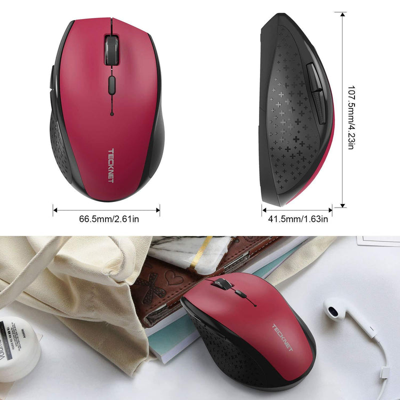 TECKNET Classic 2.4G Portable Optical Wireless Mouse with USB Nano Receiver for Notebook,PC,Laptop,Computer,6 Buttons,30 Months Battery Life,4800 DPI,6 Adjustment Levels Red