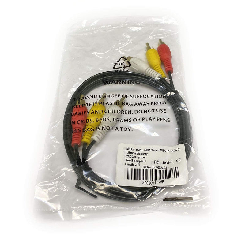 3FT RCA M/Mx3 Audio/Video Cable Gold Plated - Audio Video RCA Stereo Cable 3ft 3 Feet Black