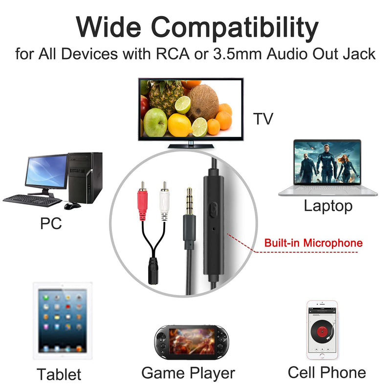 SIMOLIO Long Cord Headphones for TV and PC with Volume Control and Mic, 21.6FT/6.6M Extended Cable with Clip, RCA & 3.5mm AUX Audio, Fold-Flat Stereo Over Ear Wired TV Headphones, SM-906TV