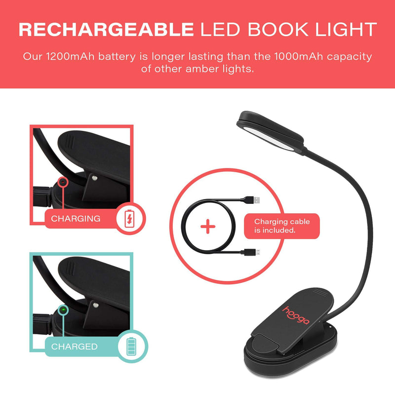 Book Light, Amber, Rechargeable, Blue Light Blocking Clip-On LED Reading Light by Hooga. 3 Brightness. 1600K Temp. Eye Care Light for Strain-Free, Healthy Eyes. Gift for Students, Kids, Book Worms. Amber Light