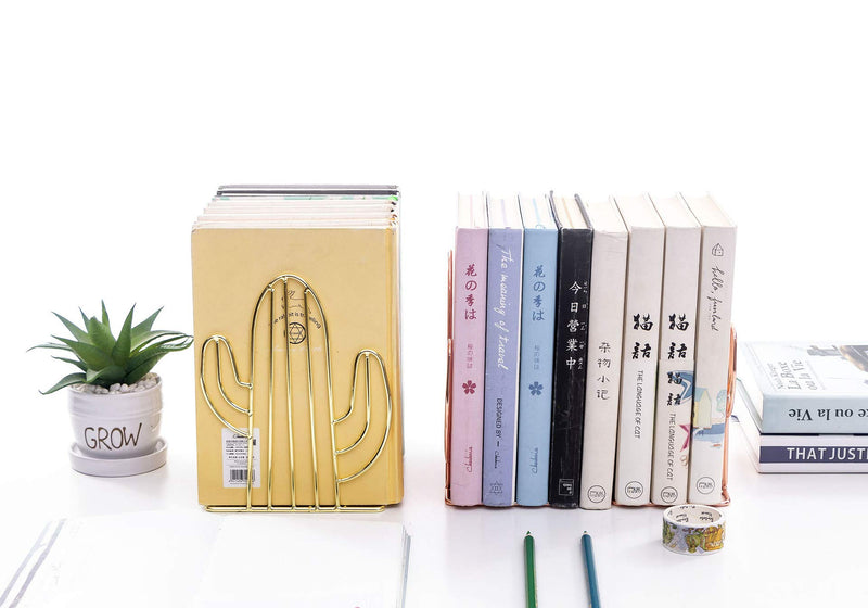 Chris.W 1 Pair Wire Rose Gold Bookends Decorative Metal Book Ends Supports Dividers for Shelves, Unique Cactus Design