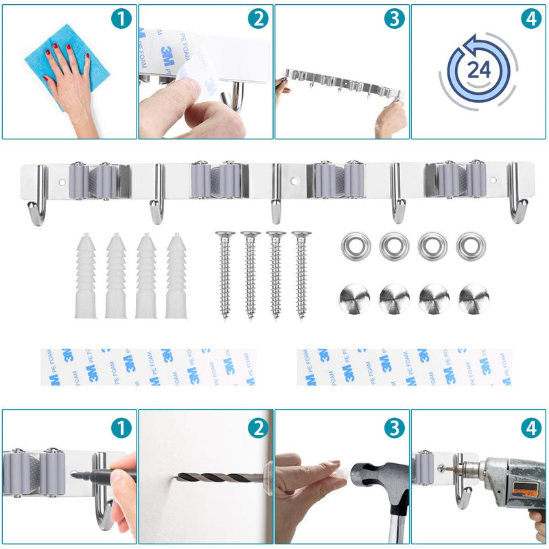 SHYOSUCCE stainless steel broom holder, broom holder wall with 4 slots and 5 hooks, device holder wall mount for kitchen, bathroom, garage and garden, gray 44cm