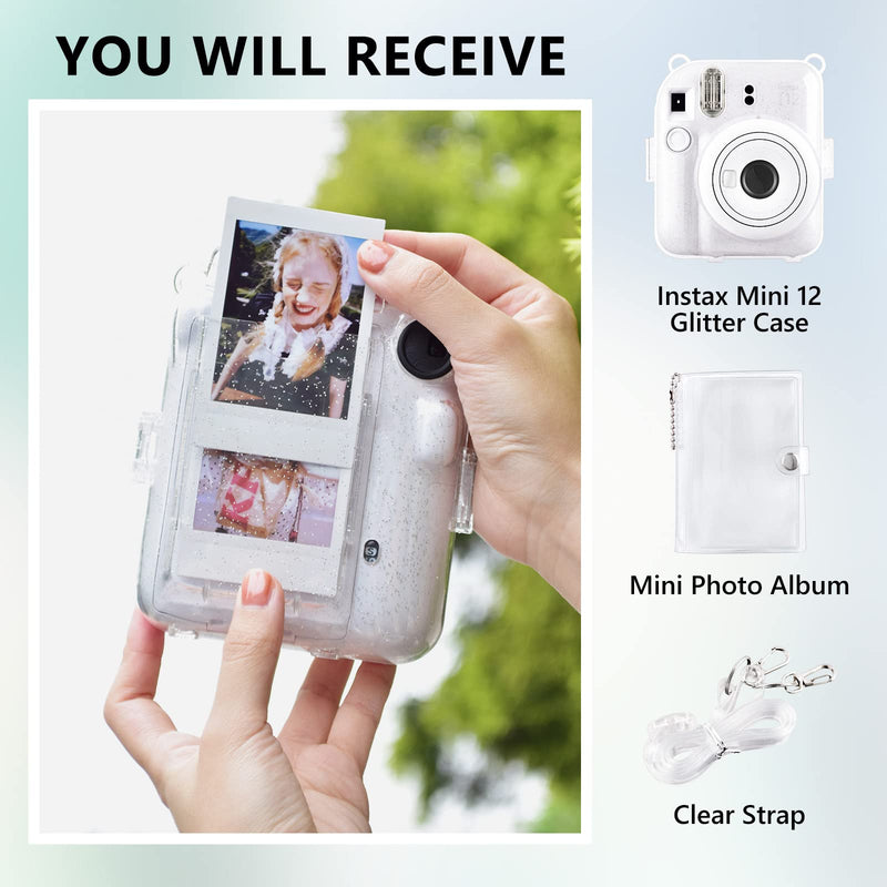 Rieibi Clear Case for Fuji Instax Mini 12/Polaroid Mini 12 - Glitter Case for Fujifilm Instax Mini 12 Instant Camera with Photos Pocket, Shoulder Strap and Mini Photo Album - Glitter Clear