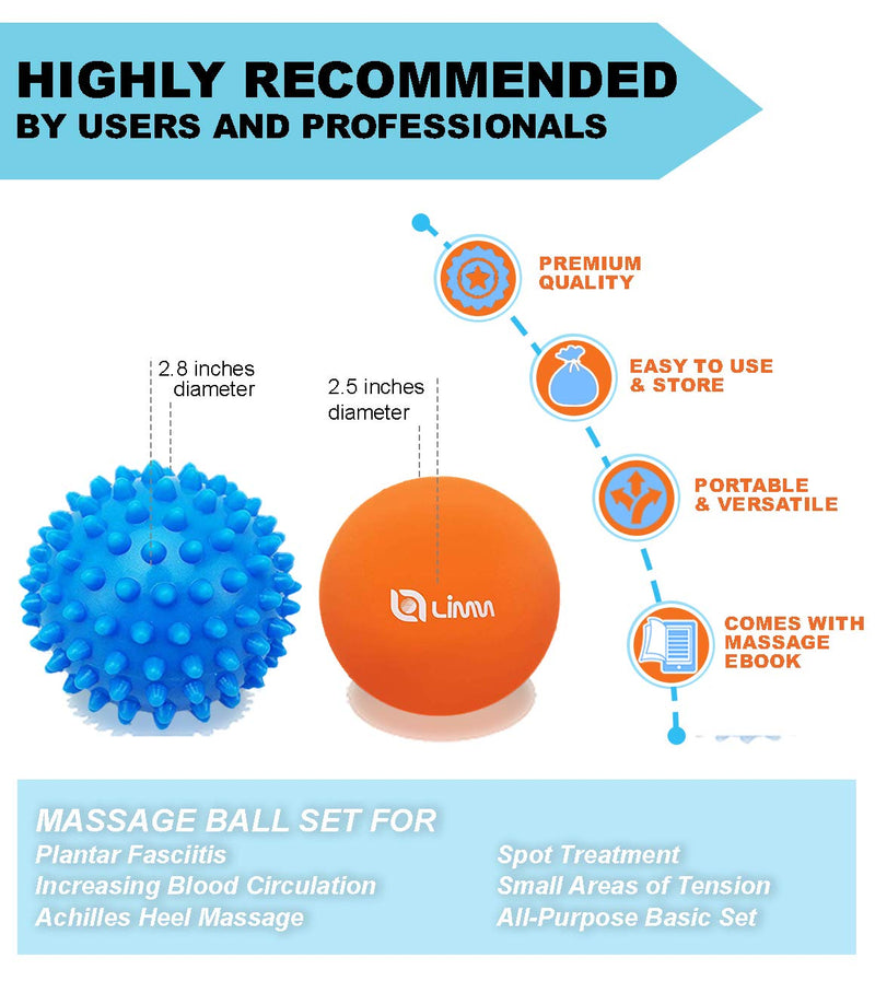 Limm Massage Ball Set - Spiky & Lacrosse Ball - Massage Ball Therapy for Plantar Fasciitis & Pain Relief - Deep Tissue Trigger Point Myofascial Release Ball for Back, Foot, Shoulder & Neck Pain One Blue Spiky & Two Orange Balls