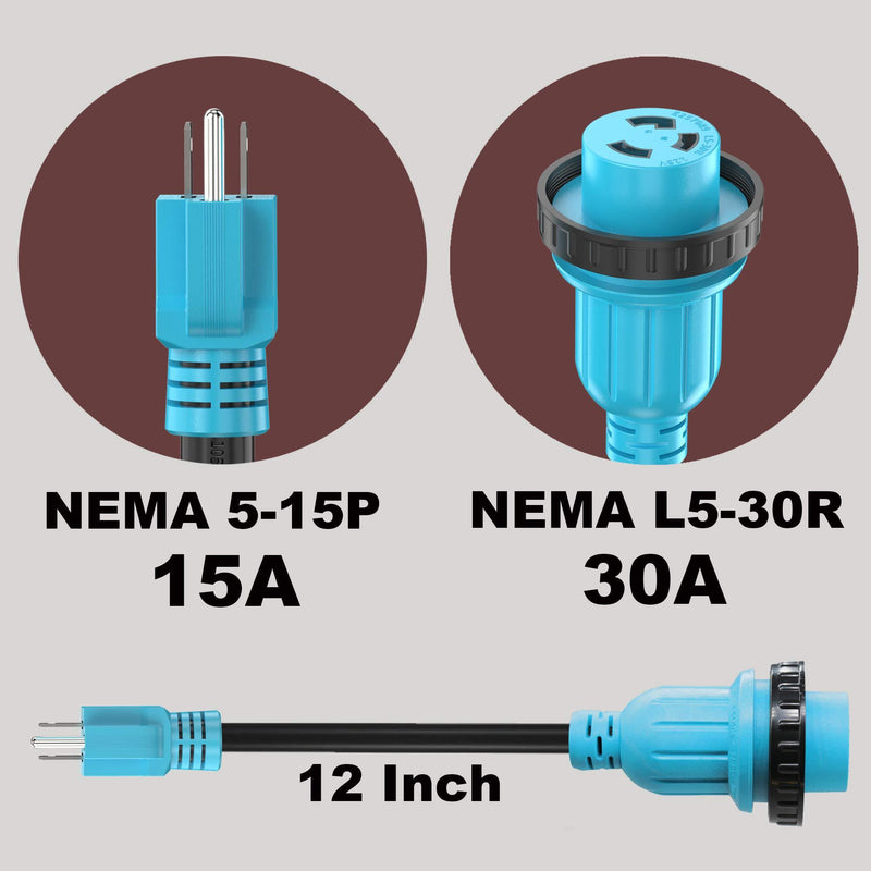 CircleCord 30 Amp to 15 Amp RV Adapter Cord with Locking Connector, 5-15P Male to L5-30R Twist Lock Female Electrical Power Dogbone Plug, Heavy Duty STW 10 Gauge 12 Inch for RV Trailer Camper 15M/30F Locking