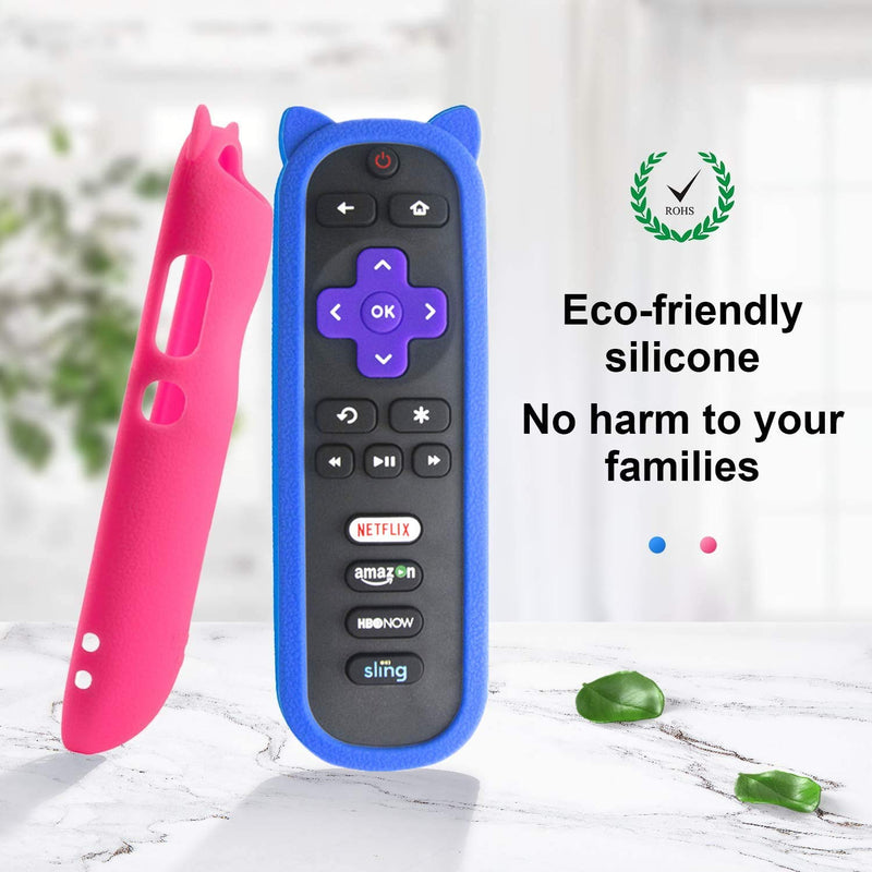 ï¼ˆPack of 2ï¼‰ Blue + Pink Silicone Protective Soft Cases Covers Compatible with RC280 TCL ROKU TV Remote Control with Wrist Strap Cute Cat Ear Shape Case only pink and blue