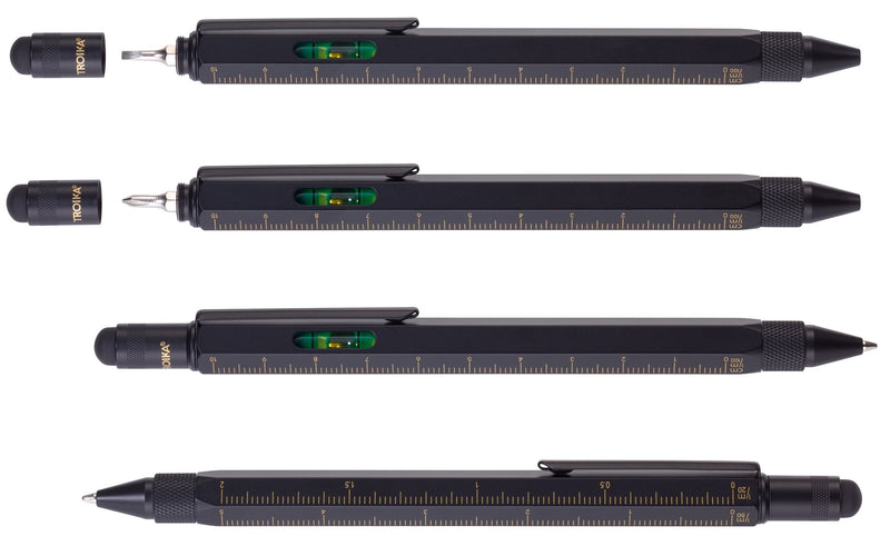 TROIKA CONSTRUCTION Multitasking Ballpoint Pen - PIP20/BG - Black/Gold - Centimetre and Inch Ruler - 1:20 m and 1:50 m Scale - Spirit Level - Slotted and Phillips Screwdriver - Stylus