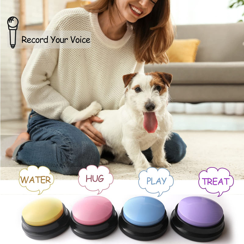 Voice Recording Button, Dog Buttons for Communication Pet Training Buzzer, 20 Second Record & Playback, Funny Gift for Study Office Home 4 Packs (Blue+Pink+Yellow+Purple) PACK A