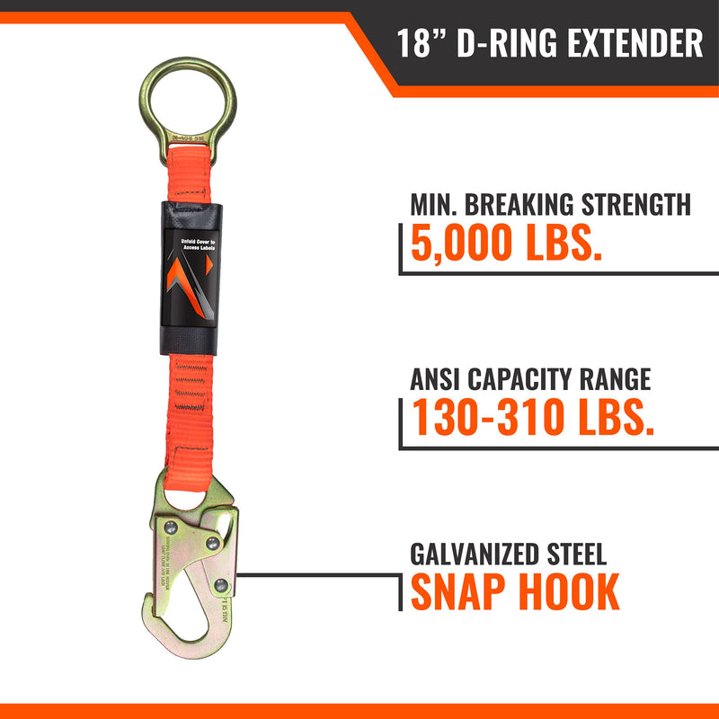 Malta Dynamics 18” D-Ring Extender with Snap Hook, Galvanized Steel Extension, D Ring Fall Protection, for Construction & Roofing, OSHA/ANSI Compliant
