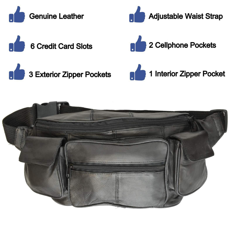 Private Label Large Black Genuine Lambskin Leather Fanny Pack Waist Bag with Cell Phone Pouch