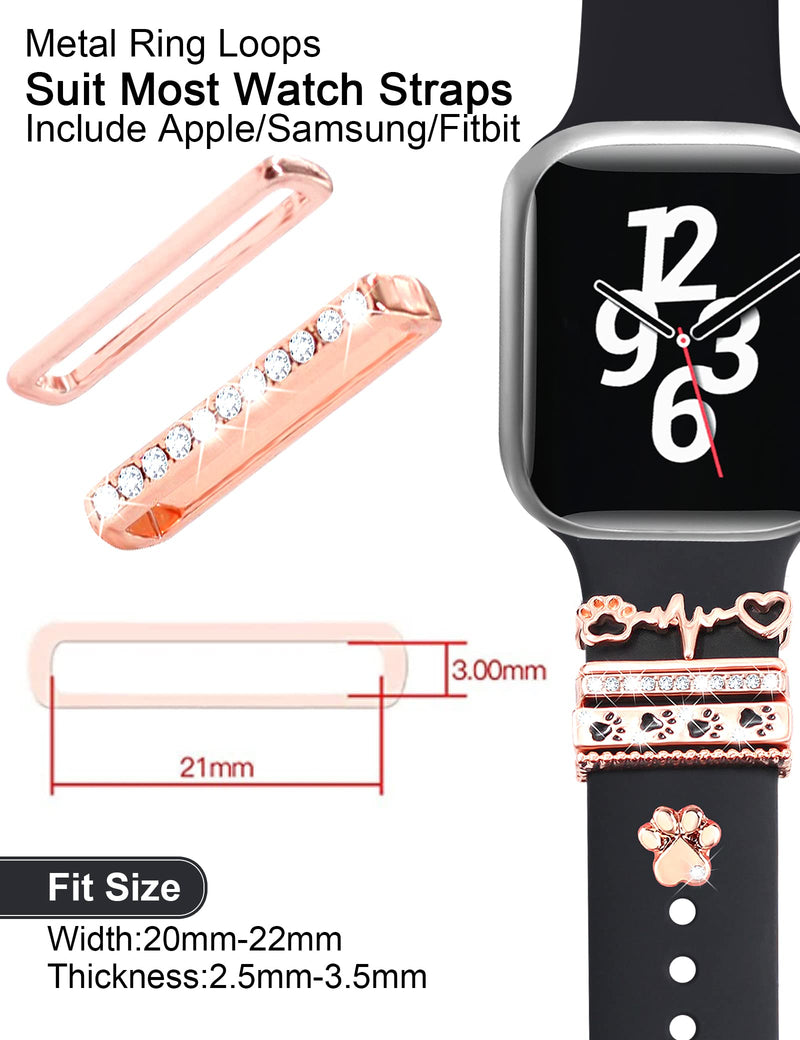 JR.DM 13 Piece Rose Gold Apple Watch Charms With 10-Pcs Decorative Rings Loops & 3-Pcs Classic Clasp, Compatible With Smart Watch 38mm 40mm 41mm 42mm 44mm 45mm Metal Diamond Sliding Strap Accessories for iWatch Series 8 7 6 5 4 3 2 1 (No Watch Band)