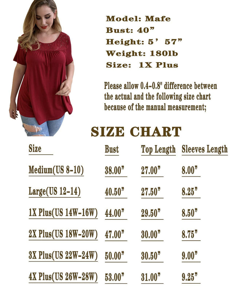 LETDIOSTO Women's Plus Size Short Sleeve Lace Pleated Shirts Summer Blouses Tunic Tops M-4XL 1X Short Sleeve-b-wine Red