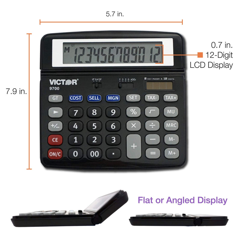 Victor 9700 12-Digit Standard Function Business Calculator, Battery and Solar Hybrid Powered Tilt LCD Display, Great for Home and Office Use, Black