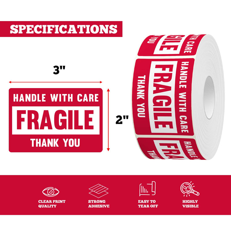 3? X 2? Fragile Handle with Care Warning Stickers, Fragile Tape for Packing and Shipping, Permanent Adhesive Labels 500 Per Roll (1 Pack)