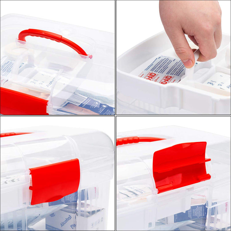 MyGift Red First Aid Clear Container Bin/Family Emergency Kit Storage Box w/Detachable Tray