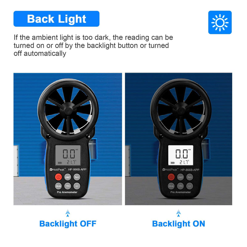 HOLDPEAK HP-866B-APP Digital Anemometer Handheld Vane Wind Speed Meter, APP Connect for Measuring Wind Speed, Temperature, Wind Chill with Backlight (Black) 1