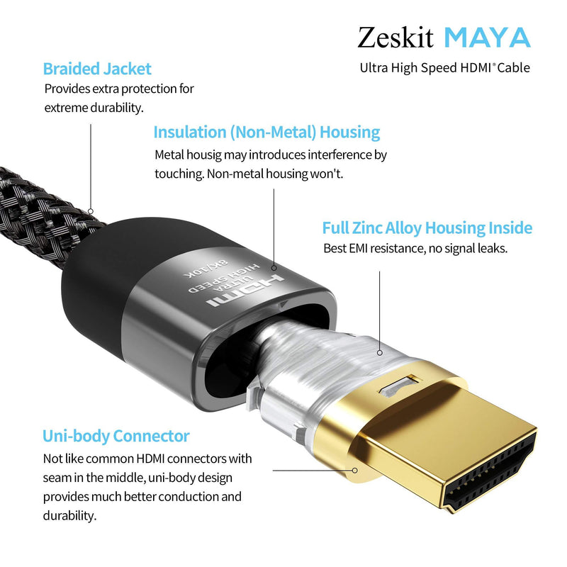 Zeskit Maya 8K 48Gbps Certified Ultra High Speed HDMI Cable 5ft, 4K120 8K60 144Hz eARC HDR HDCP 2.2 2.3 Compatible with Dolby Vision Apple TV 4K Roku Sony LG Samsung Xbox Series X RTX 3080 PS4 PS5 1.5m/5ft