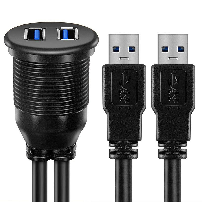2 Ports Dual USB 3.0 Male to USB 3.0 Female AUX Flush Mount Car Mount Extension Cable for Car Truck Boat Motorcycle Dashboard Panel -(3 Feet)