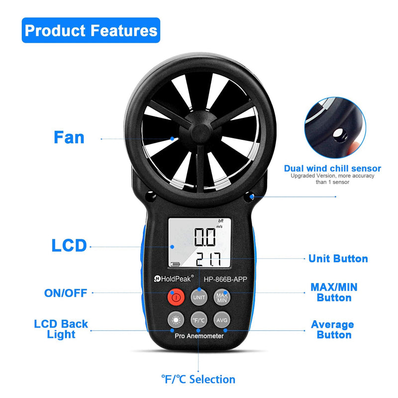 HOLDPEAK HP-866B-APP Digital Anemometer Handheld Vane Wind Speed Meter, APP Connect for Measuring Wind Speed, Temperature, Wind Chill with Backlight (Black) 1