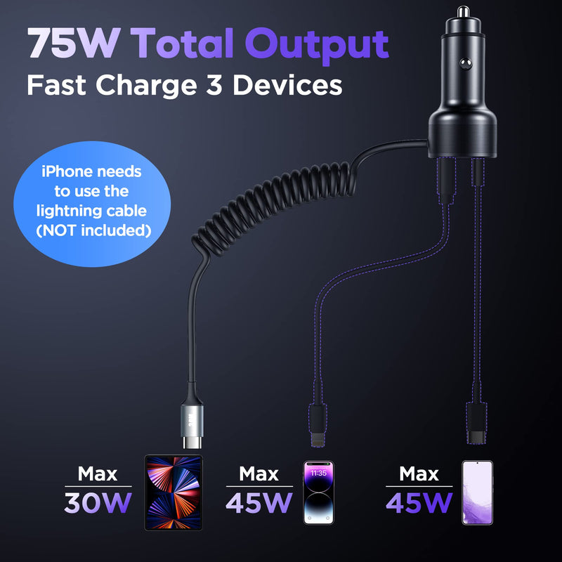 USB C Car Charger, 75W Metal 3-Port Super Fast Car Charger Adapter PD & QC3.0 Built-in 6ft Type C Coiled Cable for Samsung Galaxy S22/21 iPhone iPad Pro Pixel Android Phones Black