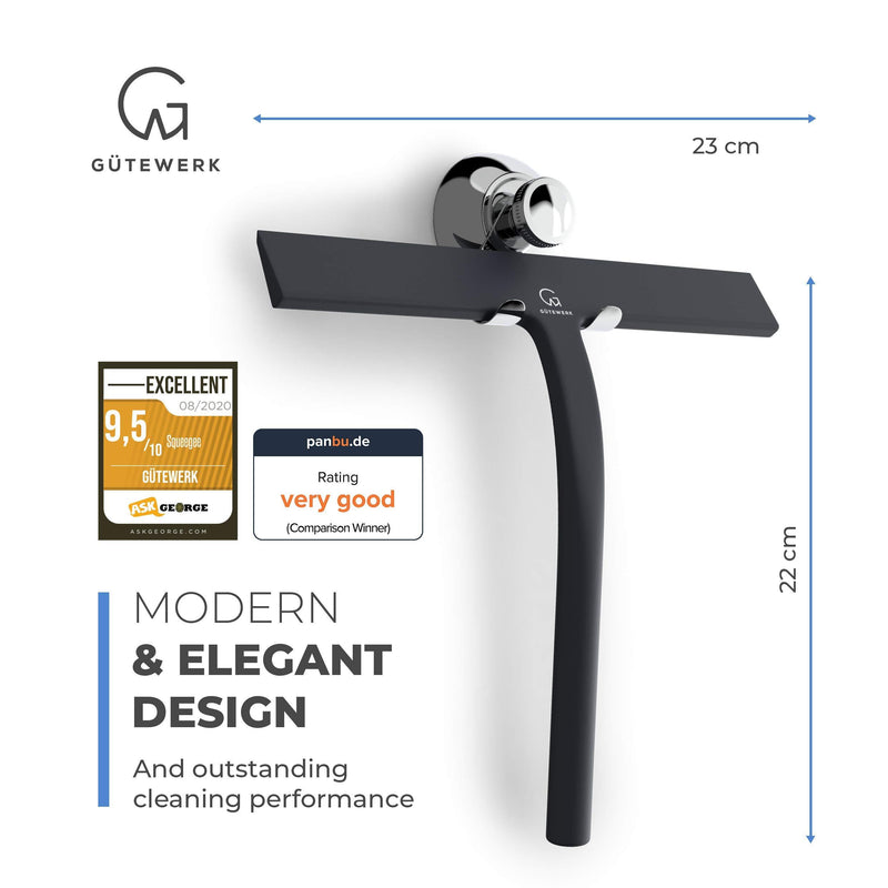 GÜTEWERK Shower Squeegee Black 9 in - incl. Chrome Suction Cup Hook - Stainless-Steel core - Silicone Rubber squeegees for Bathroom Cleaning Window Screen Bath Wiper Cleaner Glass Door Blade Showers 23.0 Centimeters