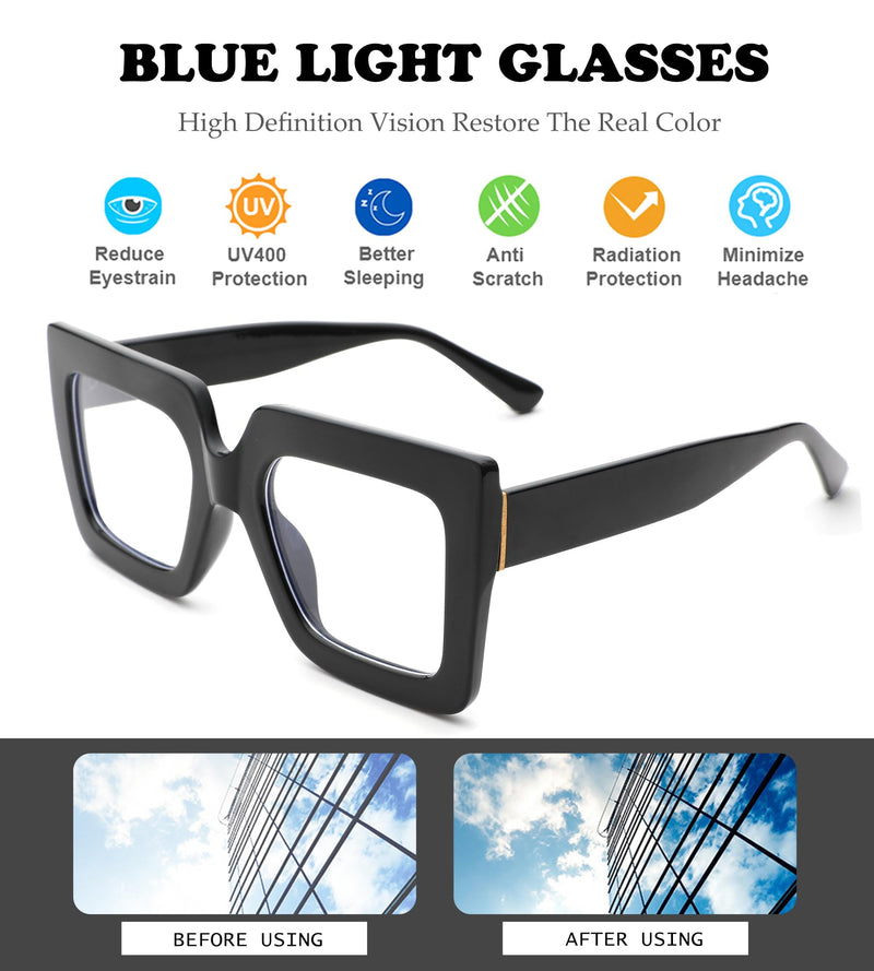 NULOOQ Stylish Thick Square Oversized Blue Light Glasses for Women Non-Prescription Clear Glasses Computer Eyewear B1* Black 52 Millimeters