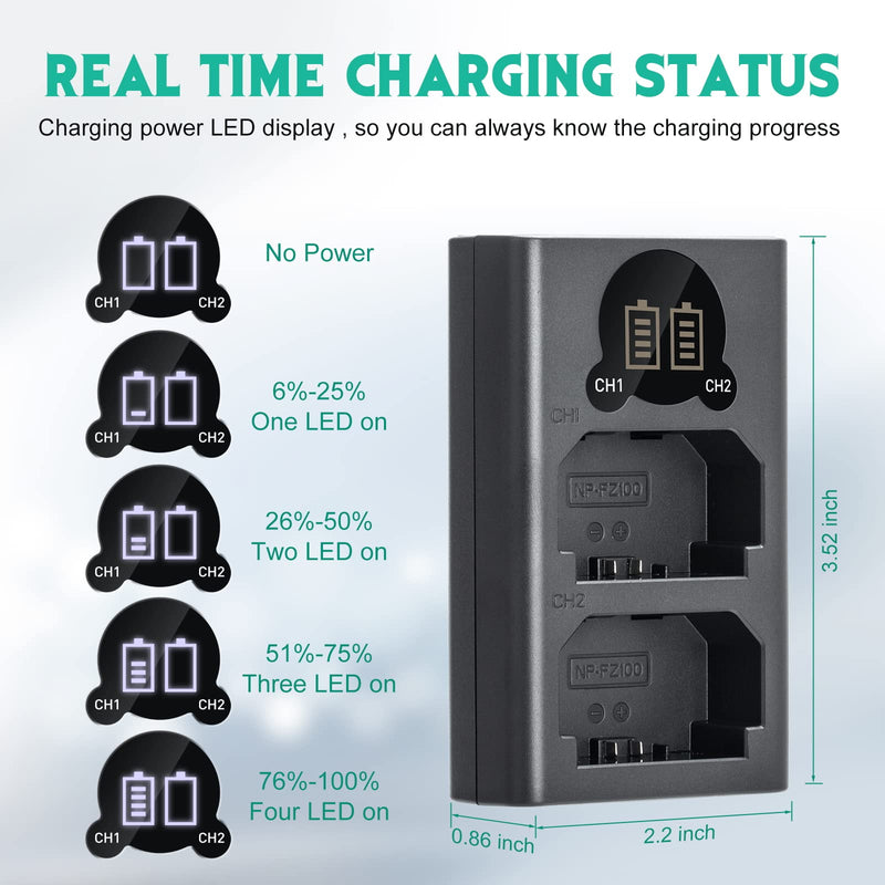 Kimaru NP-FZ100 Battery Charger, Double Slot NP-FZ100 Charger for Sony BC-QZ1 Charger, Alpha FX3, FX30, A1, A7C, A9, A9 II, A7R III, A7R IV, A7S III, A7 III, A7 IV, A6600 Cameras.