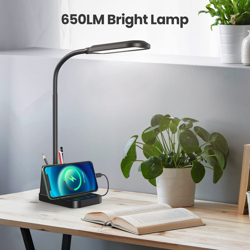 LED Desk Lamp with USB Charging Port, AXX Desk Lamps for Home Office, Small Desk Light for Desktop, Office Lamp for Desk Reading, Black, 650LM, Gooseneck, Pen Holder, Study Lamps for College Dorm Room