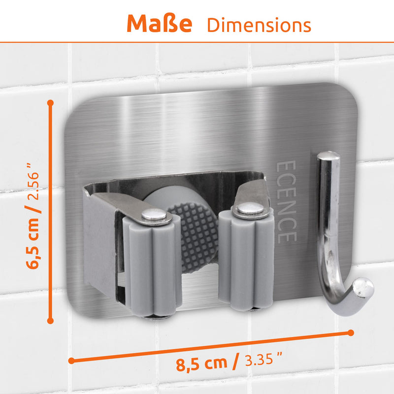 ECENCE 4x self-adhesive device holder, broom holder, wall mount for kitchen, utility room, bathroom, universal holder with quick release, silver