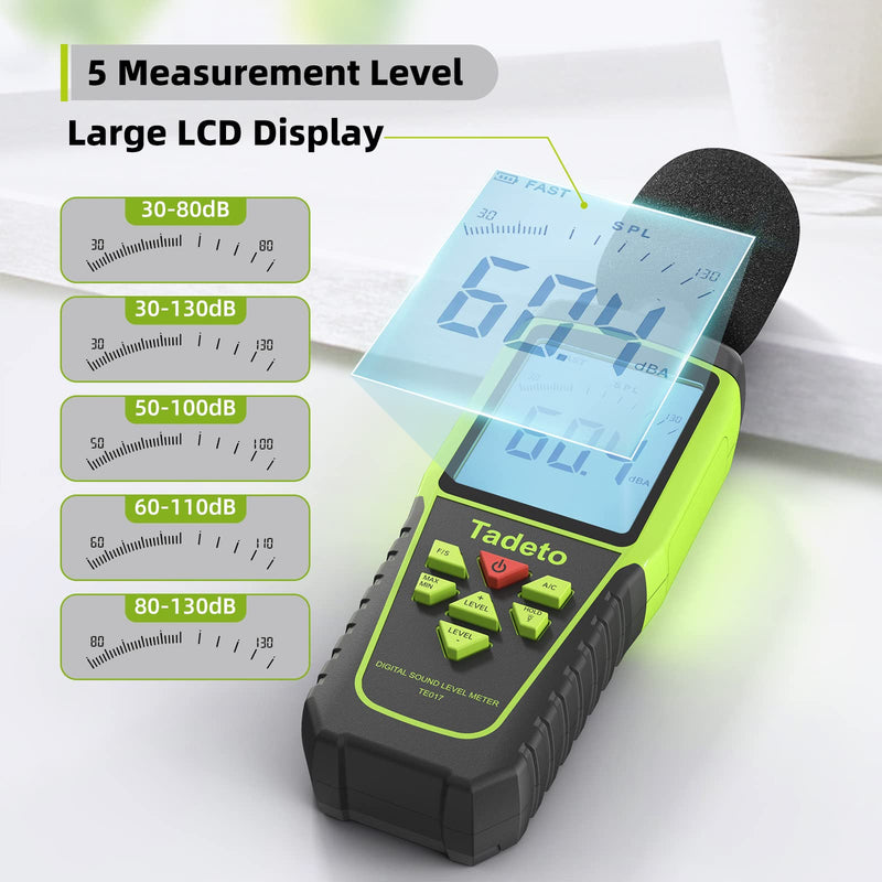 Decibel Meter, Tadeto Sound Level Meter Portable db Meter 30dB to 130dB (5 Measuring Ranges) Backlight LCD Display, MAX/MIN, Audible and Visual Alarms, Data Hold, A/C Weighted Verde