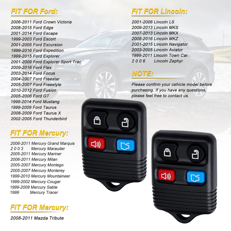 Pilida Keyless Entry Remote Clicker Control Replacement for Ford Escape Focus Fusion Mustang Taurus Explorer| Lincoln| Mercury| 4 Button Car Key Fob CWTWB1U345 Pack of 2 Key Fobs