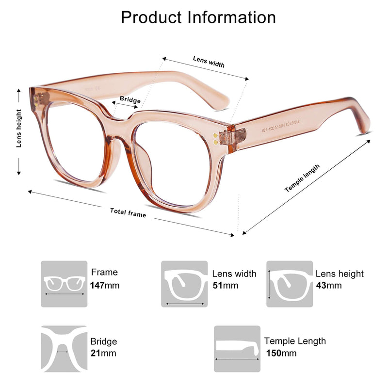 SOJOS Oversized Square Anti Blue Light Blocking Glasses for Women Thick Computer Eyeglasses Double Metal Studs SJ5053 C03 Crystal Pink Frame Anti-Blue Light Lens