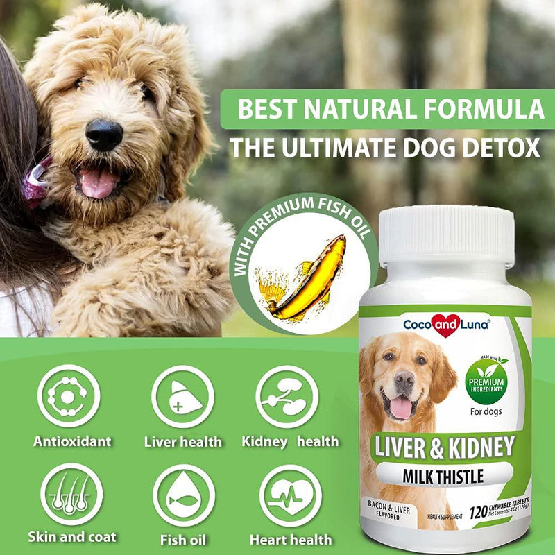 Coco and Luna Milk Thistle for Dogs, Liver Support for Dogs, Detox, Hepatic Support, Promotes Liver Healthy Function for Pets, VIT B1, B2, B6, B12 Tablet 120 Count (Pack of 1)