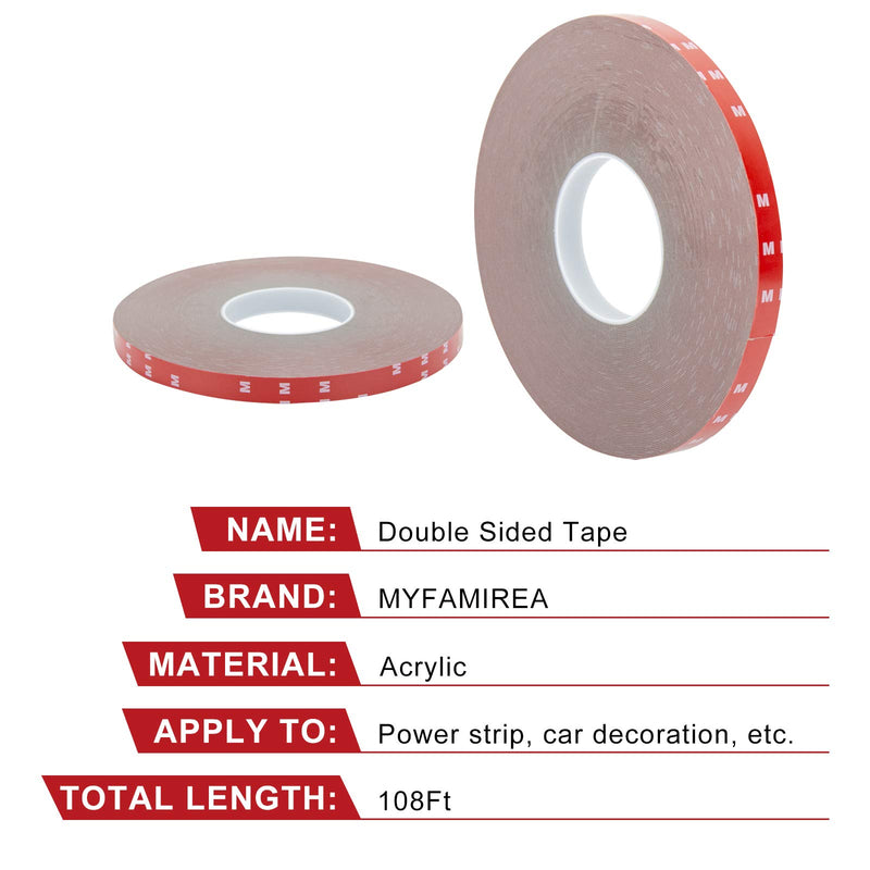 Double Sided Tape 0.47Inch x 108 Feet Heavy Duty Mounting Adhesive Multipurpose Waterproof Foam Tape for LED Strip Lights, Home Decor, Office Decor, Car Decor 0.47In x 108 Ft