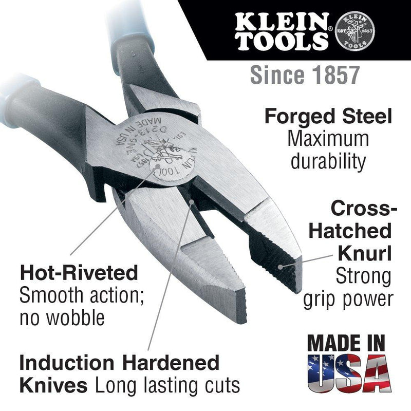Klein Tools D213-8NE Lineman's Pliers, High-Leverage Electrical Pliers Cut ACSR, Screws, Nails, Hard Wire, 8-Inch