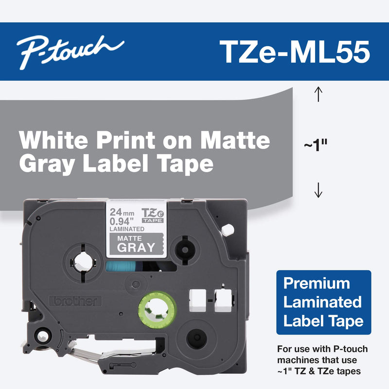 Brother P-touch TZe-ML55 White Print on Premium Matte Gray Laminated Tape 24mm (0.94”) wide x 8m (26.2’) long