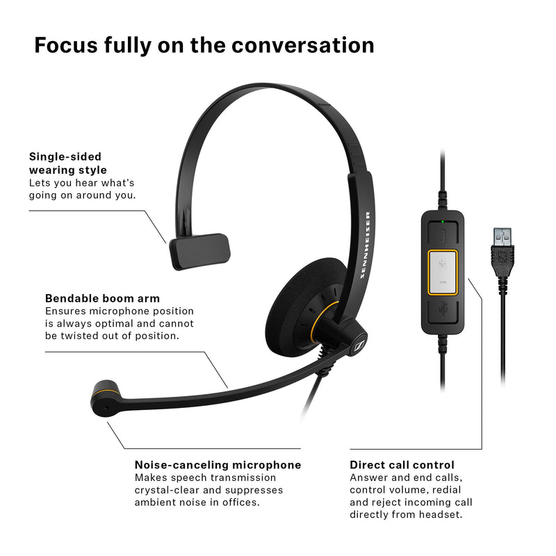 Sennheiser SC 30 USB ML (504546) - Single-Sided Business Headset | For Skype for Business | with HD Sound, Noise-Cancelling Microphone, & USB Connector (Black)