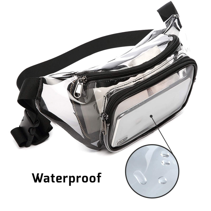 Fanny Pack, Veckle Clear Fanny Pack Waterproof Cute Waist Bag Stadium Approved Clear Purse Transparent Adjustable Belt Bag for Women Men, Travel, Beach, Events, Concerts Bag, Black