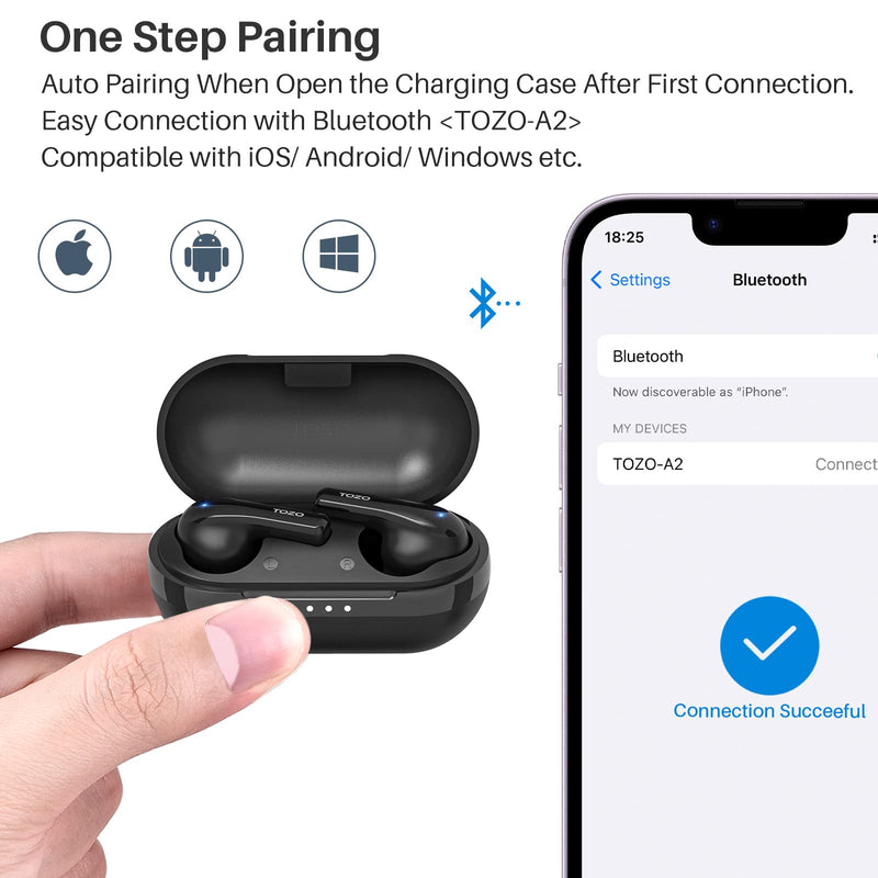 TOZO A2 Mini Wireless Earbuds Bluetooth 5.3 in Ear Light-Weight Headphones Built-in Microphone, IPX5 Waterproof, Immersive Premium Sound Long Distance Connection Headset with Charging Case, Black