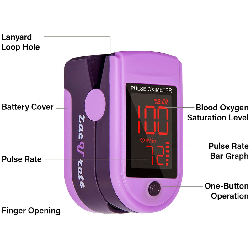 Zacurate Pro Series 500DL Fingertip Pulse Oximeter Blood Oxygen Saturation Monitor with Silicon Cover, Batteries and Lanyard (Mystic Purple)