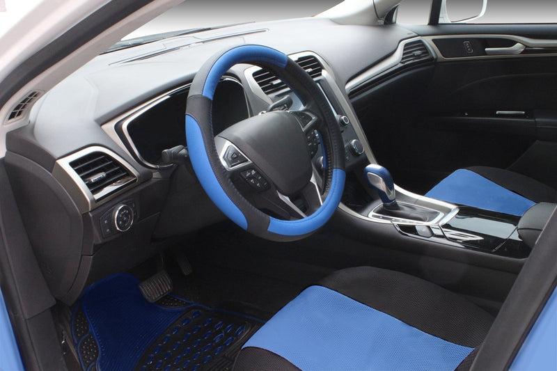SEG Direct Black and Blue Microfiber Leather Auto Car Steering Wheel Cover Universal 15 inch Standard size[14 1/2''-15'']