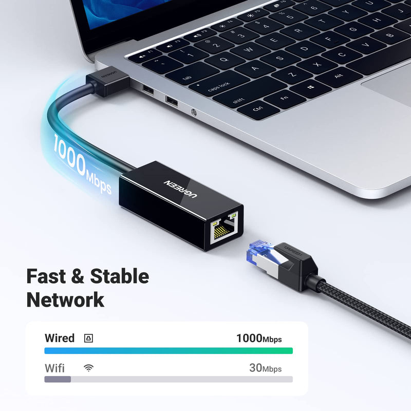 UGREEN USB to Ethernet Adapter for Laptop PC Gigabit USB 3.0 to 10 100 1000 Mbps Network Adapter USB A to RJ45 Wired LAN Adapter Compatible with Nintendo Switch MacBook Mac Mini Windows macOS Linux Black