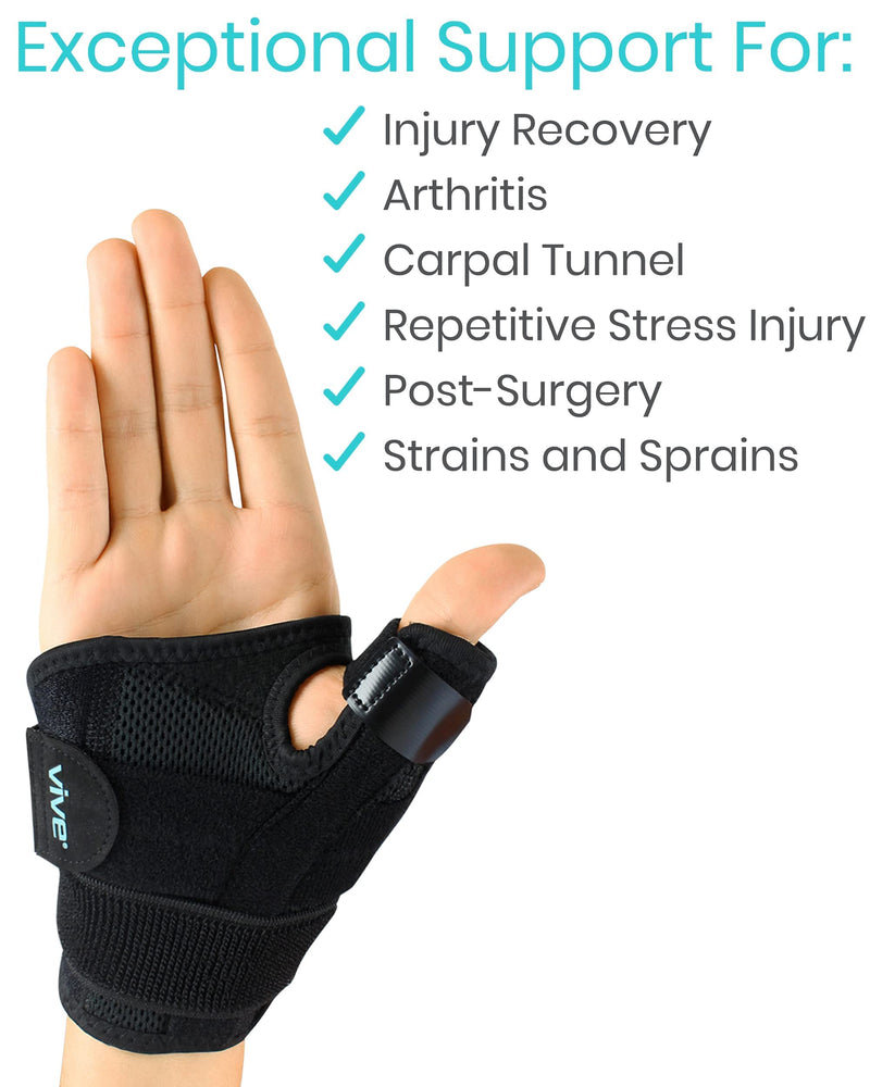 Vive Arthritis Thumb Splint - Spica Support Brace for Right and Left Hand - CMC Osteoarthritis Restriction for Pain, Sprains, Strains, Carpal Tunnel & Trigger Finger - Immobilizer Wrist Strap Black One Size