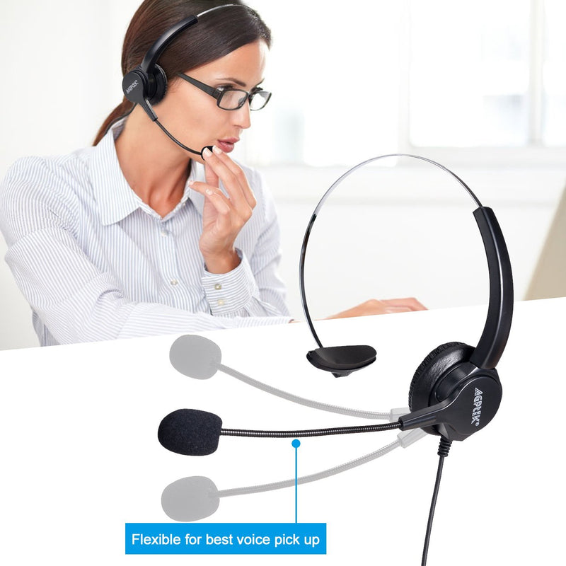 AGPtEK Hands-Free Call Center Noise Cancelling Corded Monaural Headset Headphone for Desk Telephone with 4-Pin RJ9 Crystal Head Headset Replacement