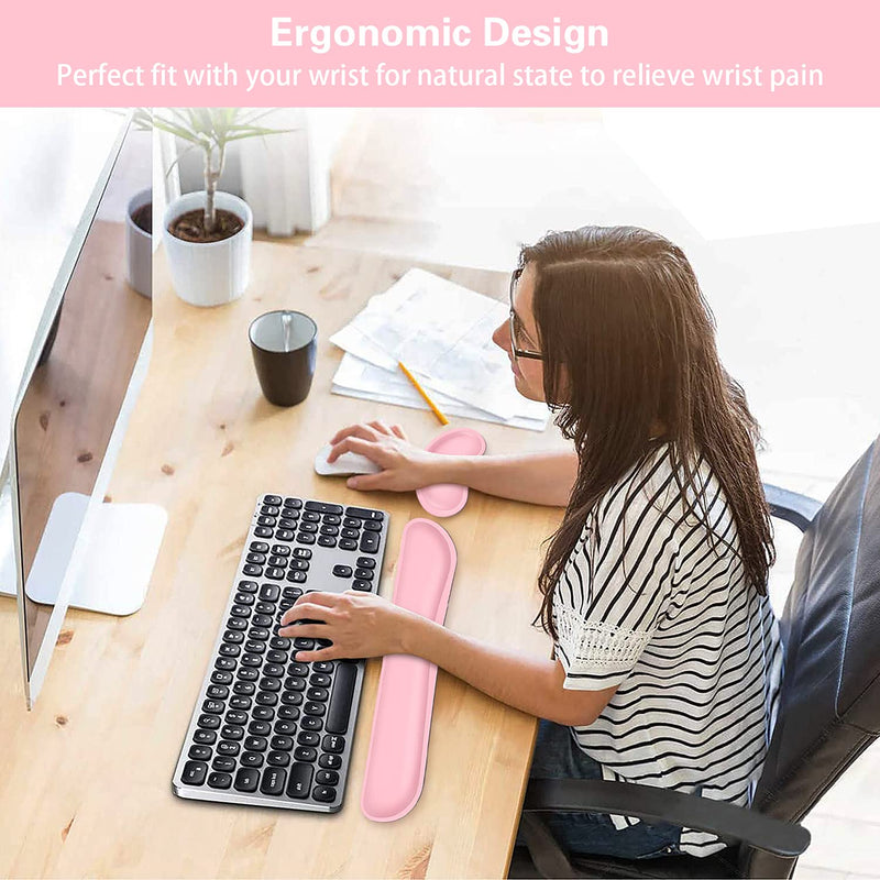 Wrist Rest, Canjoy Keyboard Wrist Rest Pad, Mouse Wrist Cushion Support Pad, PU Leather Memory Foam Gaming Wrist Rest Kit for Computer, Laptop,Office,Easy Typing and Pain Relief-Pink PU Leather-Pink