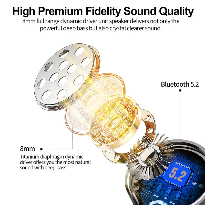 Bluetooth 5.2 Wireless Earbuds,Kurdene S8 38H Playtime Call Noise Cancelling Waterproof IPX8 Ear Buds Deep Bass Earphones with Microphone in-Ear Stereo Headphones Long Barttery for Work,Home-Black Medium Black